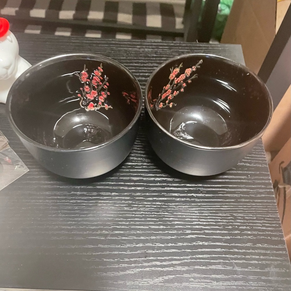 Visun China Ceramic Rice Soup Noodles Dogwood Embossed Black Bowls Set of (2)